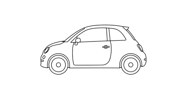 Black outline vector icon of a compact two-door city car in side profile with rounded roof and circular wheels plus door handle and mirror drawn in thin clean lines in lateral static alignment