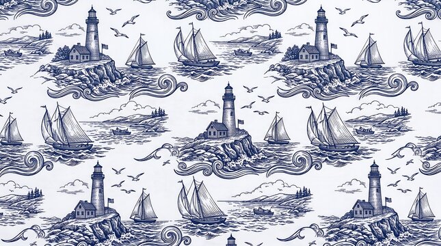 A blue and white nautical toile pattern features lighthouses, sailboats, and swirling waves.