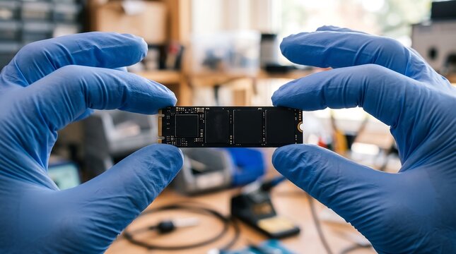 Hands wearing blue gloves hold a small M.2 SSD computer storage drive.