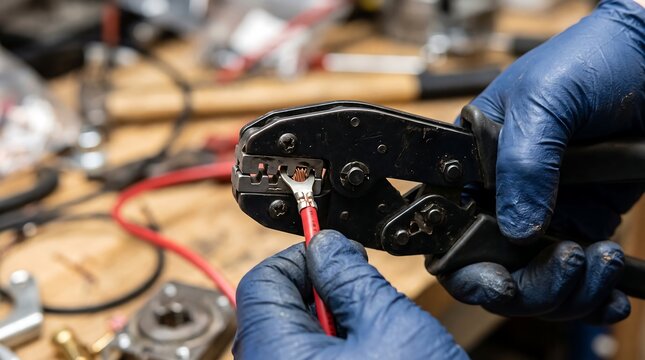 A person wearing blue gloves uses a crimping tool to attach a connector to a red electrical wire.