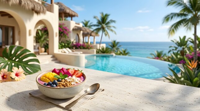 Tropical fruit bowl sits poolside at a luxurious coastal villa with ocean views