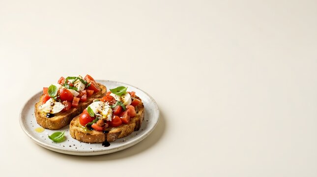 Two slices of bruschetta with diced tomatoes mozzarella and basil rest on a speckled plate
