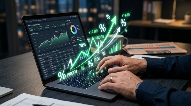 Person analyzing stock market on laptop with financial charts