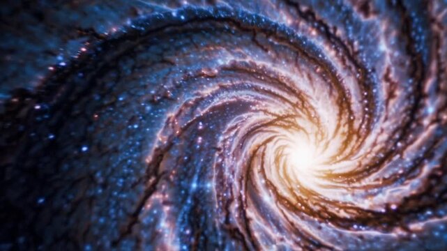 Spinning universe with luminous centers, Silent cosmic rotation reveals bright stellar formations, Glimmering galaxy gracefully spinning in void illuminated by luminous celestial bodies.