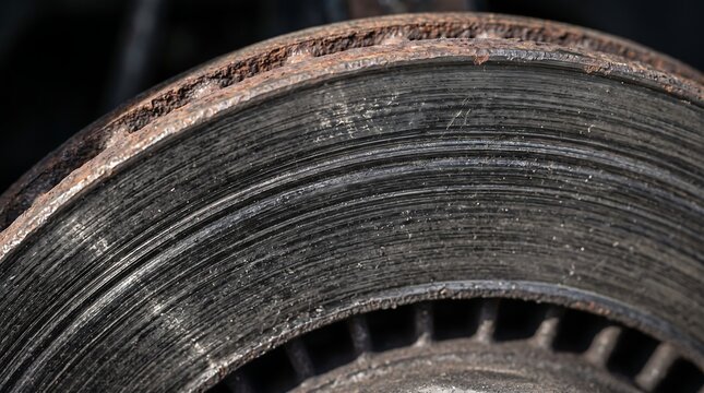 Close-up macro shot of a heavily rusted and worn car brake rotor surface.