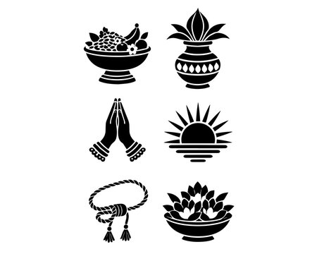Hindu Puja Worship Icon Set Silhouette - Kalash Namaste Mala Flower Bowl
