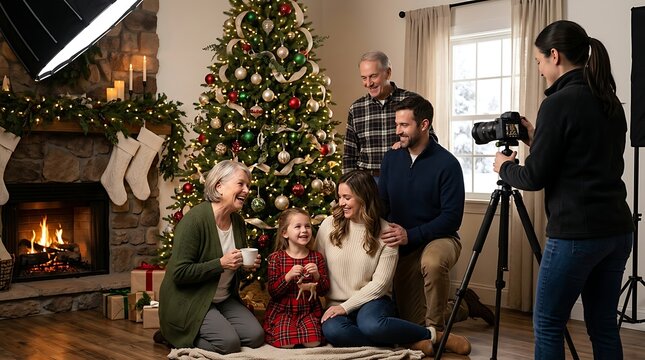 Professional photographer taking family portraits in front of a decorated christmas tree in a cozy living room
