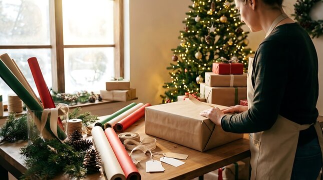 Person wrapping christmas presents with brown paper and twine at a table with a decorated tree