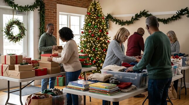 Diverse group of volunteers sorting and packing donations for charity during the christmas holiday season