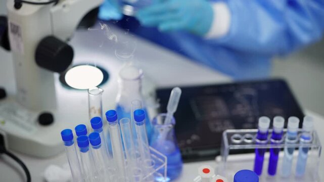 Blurred scientist in a blue gown and gloves prepares samples on a stereo microscope with rows of blue-capped test tubes in the foreground, close-up