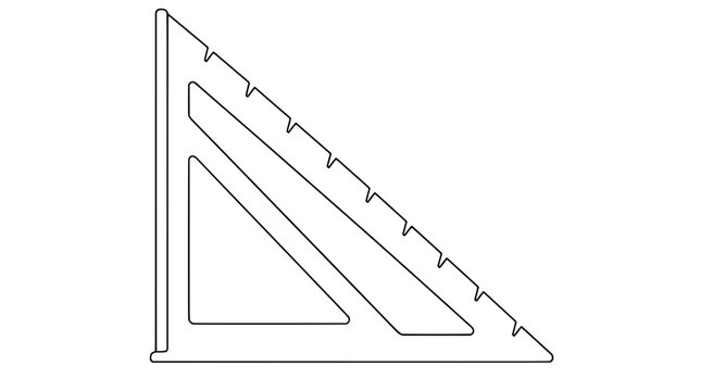 Black outline line art illustration of a triangular carpenter speed square with notched hypotenuse edge and dual inner triangular cutouts drawn in thin lines in side view highlighting geometry