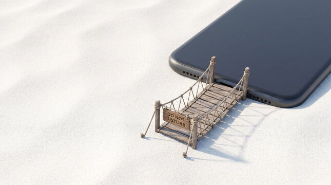 Smartphone vacation burnout do not disturb sand rope bridge digital detox. Overworked employee exhausted fatigue. stress pressure anxiety depression, overwhelmed problem sad unhappy, vacation