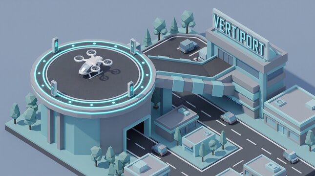 3D isometric low poly evtol electric passenger air taxi vertiport