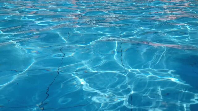 Clear water ripples dance with sunlight on blue tiles in a calm pool, offering a tranquil relaxing background for vacation, spa, and beach resort
