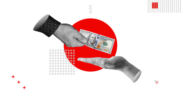 Two hands exchanging US dollar banknote. Money transfer, financial transaction, trust and negotiation. Minimalist art collage