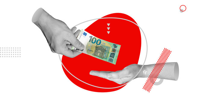 Hands passing euro banknote. European financial exchange, partnership and commercial agreements. Minimalist art collage