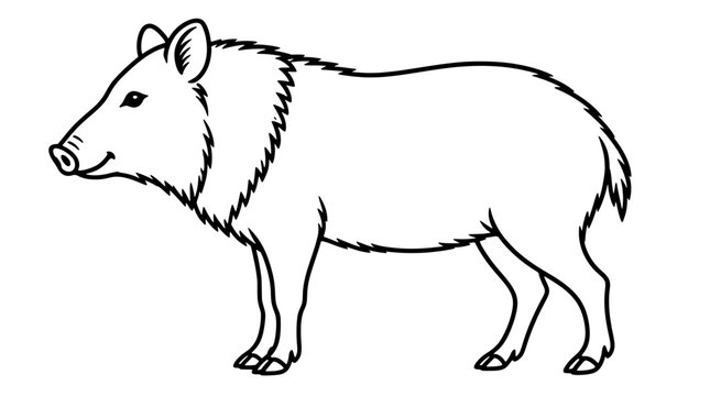 Black outline line art illustration of a peccary standing in profile with bristled mane, tapered snout, cloven hooves and body drawn with medium lines in lateral composition reflecting hardiness