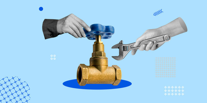 Two hands repairing brass valve with wrench. Technical maintenance, teamwork, industrial solution. Minimalist art collage
