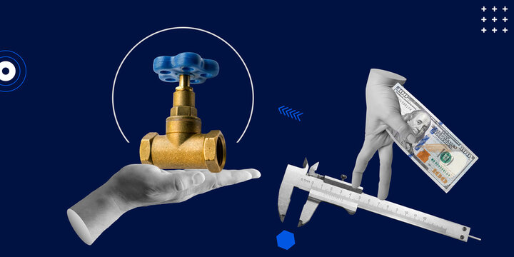 One hand holds plumbing valve, whilst other, clutching money, walks along vernier caliper. Cost calculation for plumbing service, value, price, technical assessment, payment. Minimalist art collage
