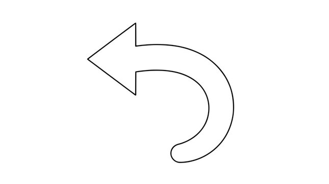 Black outline vector icon of a thick U-shaped curved arrow pointing left with broad triangular head and rounded tail drawn with thin contours in dynamic returning movement indicating reversal action