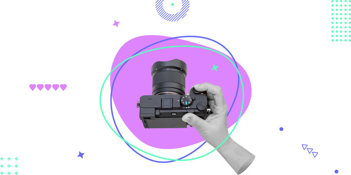 Hand holding professional camera. Content creation, visual storytelling, blogging, inspiration and influence. Minimalist art collage