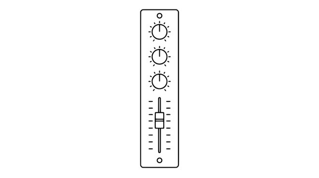 Black outline vector icon of a vertical mixer channel strip with three rotary control knobs and a sliding fader with scale marks drawn in medium lines in centered layout emphasizing audio control