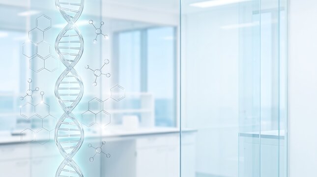 Glassy DNA double helix strand combined with complex chemical structures in a bright laboratory environment for pharmaceutical branding and advanced scientific research concepts