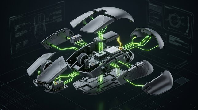 Exploded view of a modular wireless gaming mouse with interchangeable components, optical sensor and glowing lime neon connections