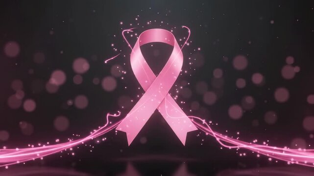 Pink ribbon representing breast cancer awareness glowing brightly against a dark bokeh background with floating particles and abstract light streaks.