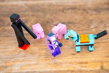 Obraz premium Lego minecraft plastic figures, block toys, pixel game characters, creative building bricks, hobby collection, Creative Educational toy game merchandise children play, Childhood play and creativity