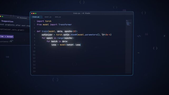 AI assistant suggests code for training a machine learning model in Python with PyTorch and displays training progress