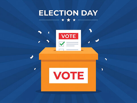Election Day ballot box with vote paper for democratic voting event