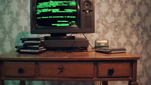 Vintage computer on wooden desk, glowing green code on CRT screen, stacks of floppy disks and cassette drive, desk lamp casting, featuring electronic, retro, workstation.