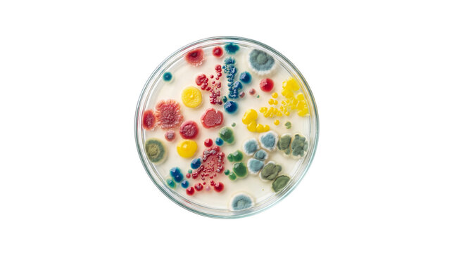 Colorful bacterial culture in petri dish, microbiology fungus and mold colonies, laboratory scientific specimen isolated PNG with Transparent Background
