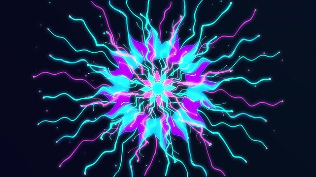 Neon glowing mandala motion graphic with cyan and purple electric lines radiating outward in a hypnotic loop pattern