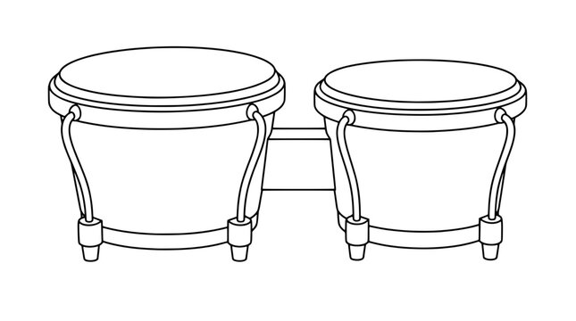 Black outline vector icon of a pair of bongo drums joined by a central block with tension lugs and bottom rims drawn with medium lines in centered front view capturing different drum sizes