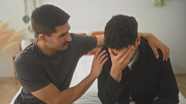 Man comforts his young hispanic friend while sitting on a bed, hand covering face and arm on shoulder inside a building; compassion support.
