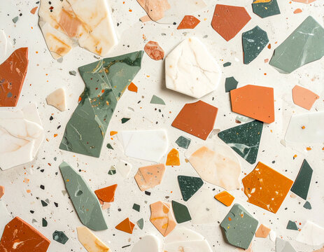 白い背景にカラフルな石片が散りばめられたテラゾーのシームレスなパターン/Terrazzo seamless pattern with colorful stone chips on white background