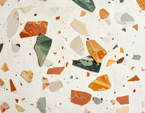白い背景にカラフルな石片が散りばめられたテラゾーのシームレスなパターン/Terrazzo seamless pattern with colorful stone chips on white background