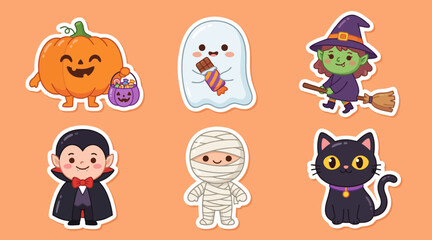 Obraz premium Halloween vector sticker collection featuring cute kawaii characters including orange jack o lantern pumpkin spooky ghost and friendly witch