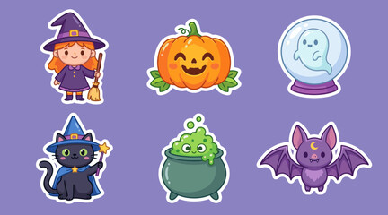 Fototapeta premium Colorful vector graphic collection featuring cute halloween stickers with a smiling witch and happy pumpkin characters