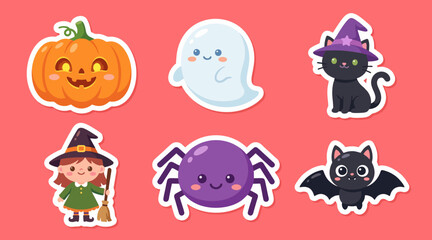 Obraz premium Cute Halloween vector sticker set featuring adorable characters like smiling jack o lantern pumpkin ghost witch cat spider bat