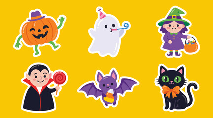 Obraz premium Halloween vector illustration set featuring cute cartoon characters including friendly ghosts and smiling pumpkins against yellow