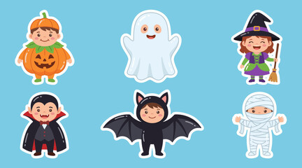 Obraz premium Cute vector graphic illustration featuring children wearing funny Halloween costumes like pumpkin ghost witch vampire bat and mummy