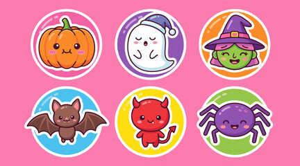 Obraz premium Cute Halloween vector sticker set featuring adorable kawaii characters like friendly ghosts and smiling pumpkins on bright pink background