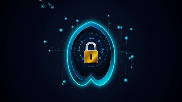 A high-end 4K animation inspired by premium cyber security stock imagery. Features a glowing cyan metallic cyber shield with a shiny golden padlock in the center. Floating circuit nodes and spiky viru