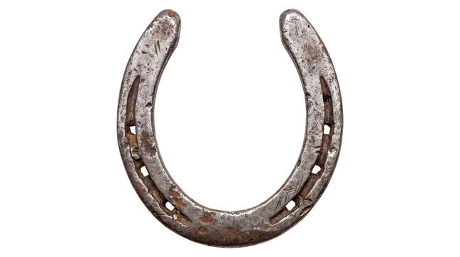 Rustic vintage iron horseshoe, lucky metal charm for western equestrian decor, worn rusty steel horse shoe symbol of good fortune isolated PNG with Transparent Background
