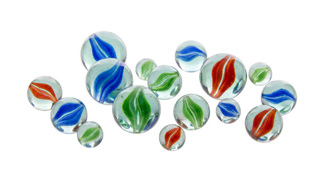 Vintage glass marbles collection, colorful cat eye marble spheres, classic toy glass balls with red blue green swirls, nostalgic children game elements isolated PNG with Transparent Background