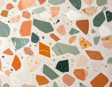 白い背景にカラフルな石片が散りばめられたテラゾーのシームレスなパターン/Terrazzo seamless pattern with colorful stone chips on white background