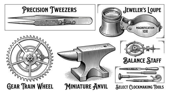 Collection of Vintage Watchmaker and Clockmaker Tools Engraving